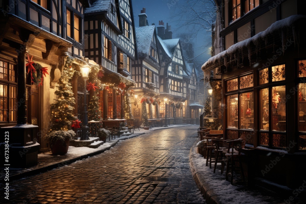 Christmas winter city street with small houses poster. Background for greeting cards, postcards, letters, labels, web, etc.