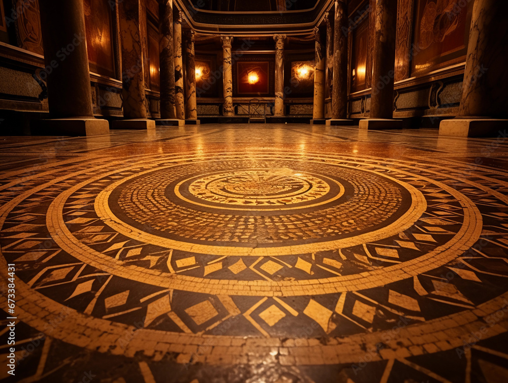 Obraz premium mosaic floor, intricate geometrical patterns, terracotta, ochre, and black tiles, warm ambient indoor lighting