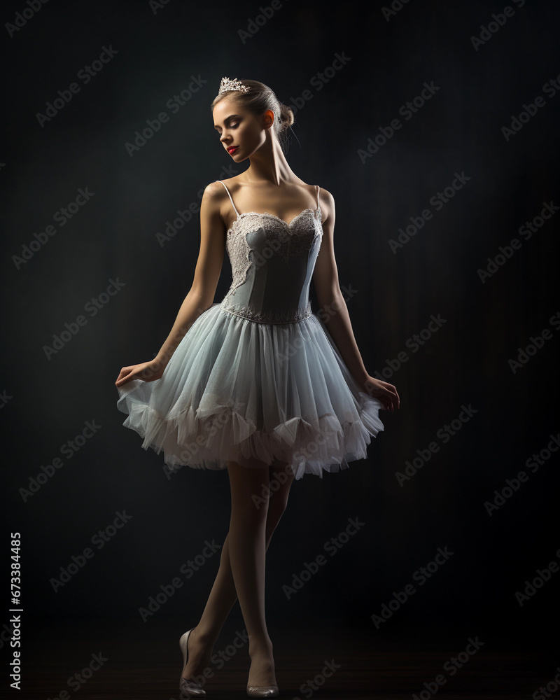 Profile view of a ballerina, delicately balancing on one foot, closeup on face and expressions, moody studio lighting