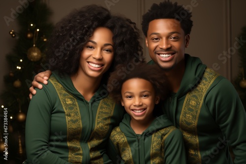 A joyful family celebrates Christmas in matching holiday pajamas by the tree while sharing laughter and creating heartwarming memories