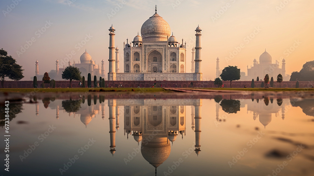 The Taj Mahal in India, reflected perfectly in the water, early morning mist, warm, soft light, no tourists, immaculate marble details