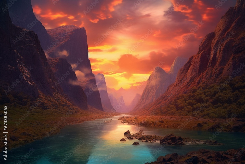 Scenic river amidst mountains at sunset. Generative AI