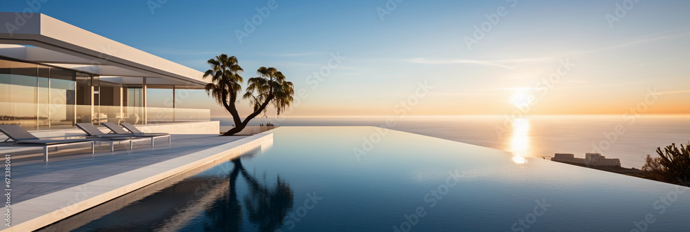 Fototapeta premium minimalist mansion, white marble exterior, infinity pool in the backyard, overlooks ocean, late afternoon sun casting shadows