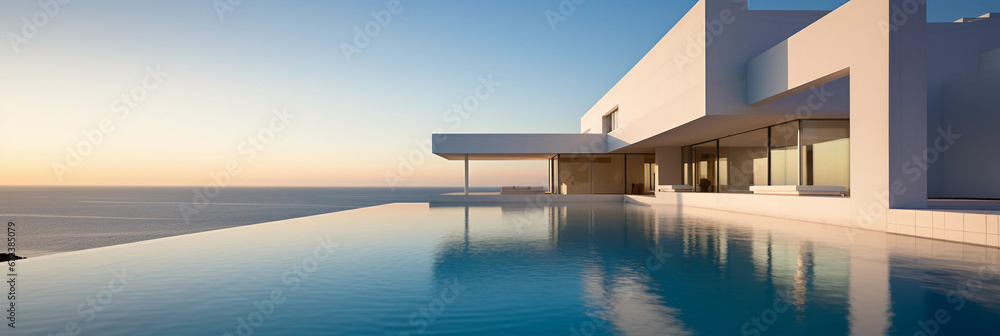 minimalist mansion, white marble exterior, infinity pool in the backyard, overlooks ocean, late afternoon sun casting shadows