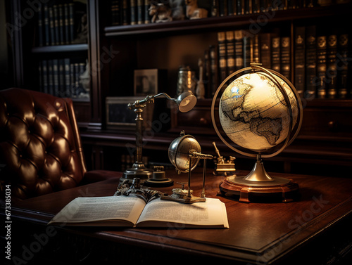vintage home office setup, dark wood furniture, leather chair, antique globe, typewriter, warm ambient lighting from a desk lamp, evening setting