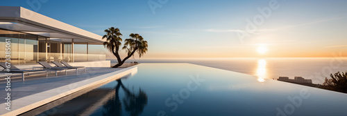 minimalist mansion, white marble exterior, infinity pool in the backyard, overlooks ocean, late afternoon sun casting shadows