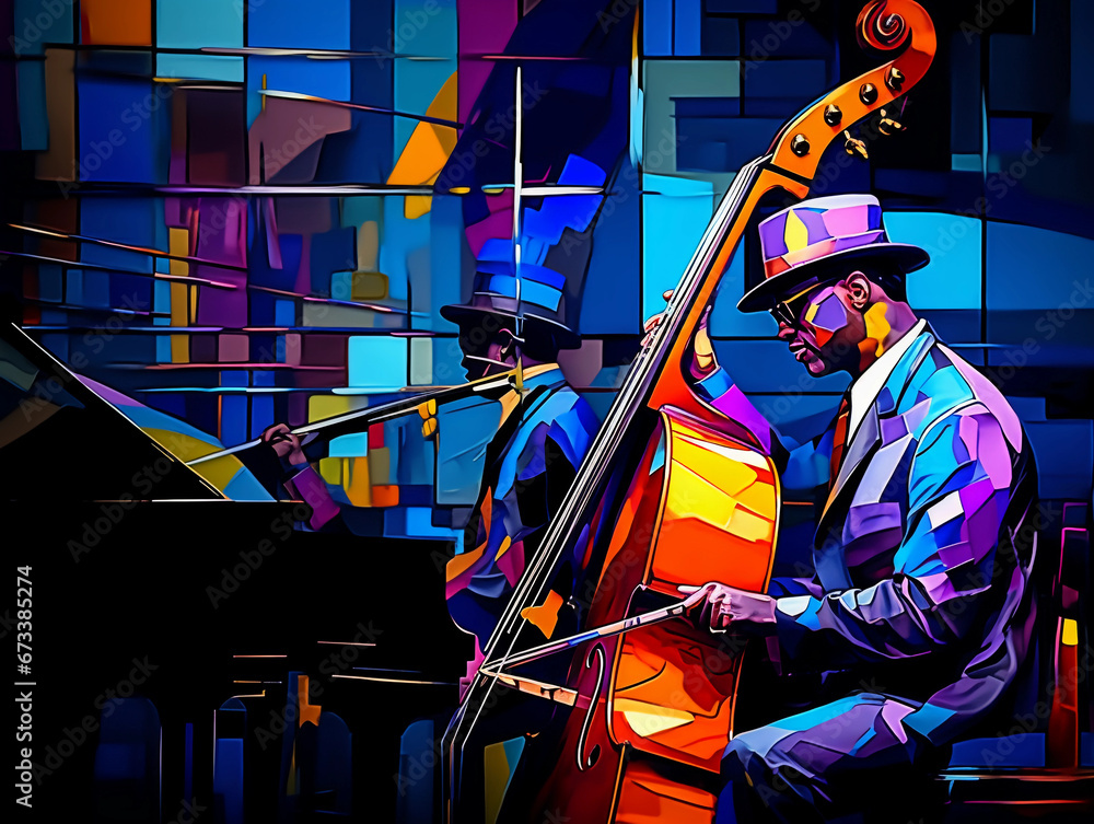 Poster, Print Abstract mosaic capturing the essence of a jazz band, saxophonist, drummer, and, 40x30 cm Poster, Print Abstract mosaic capturing the essence of a jazz band, saxophonist, drummer, and, 40x30 cm
