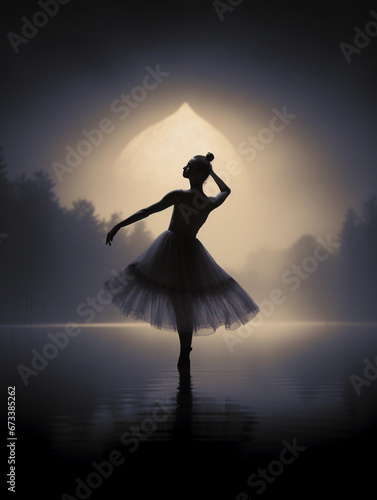 A ballerina's silhouette against a full moon, ethereal, misty lake surface, midnight setting