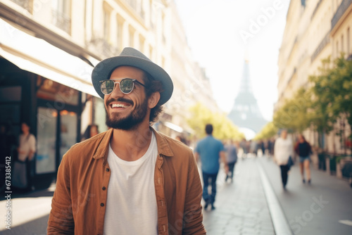 Fototapeta Naklejka Na Ścianę i Meble -  Portrait of a attractive smiling man standing on the city street in Paris	