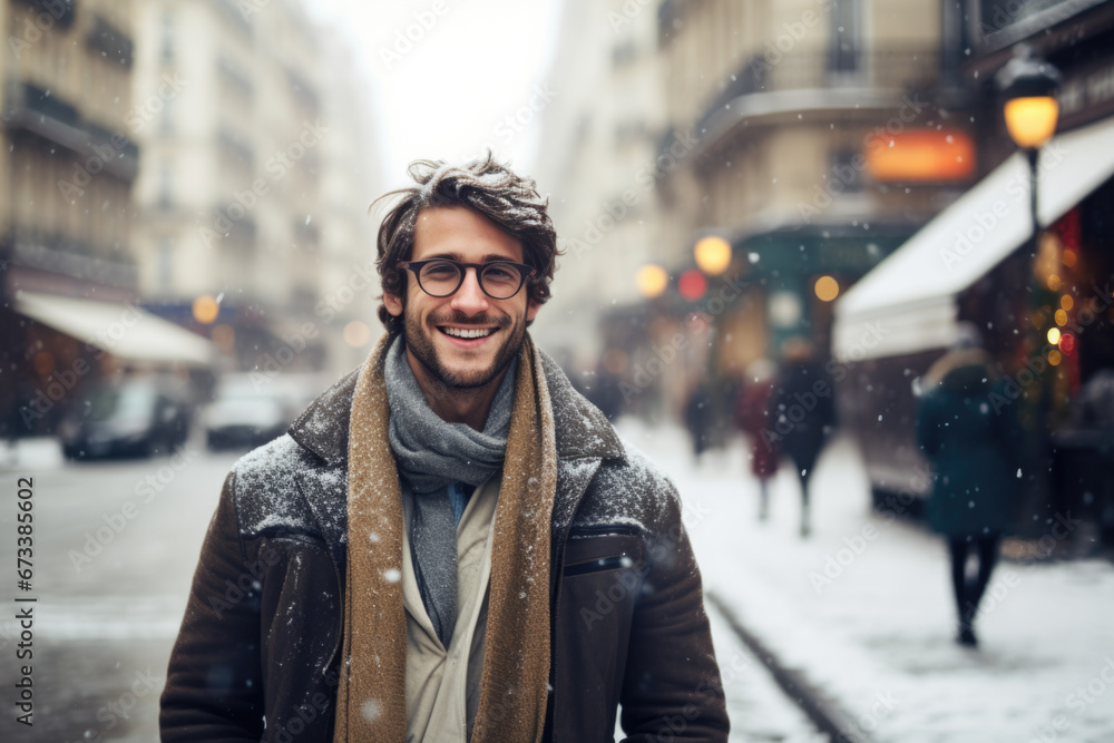 Portrait of young happy smiling man in winter clothes at street Christmas market in Paris. Real people Portrait of young happy smiling man in winter clothes at street Christmas market in Paris. Real people