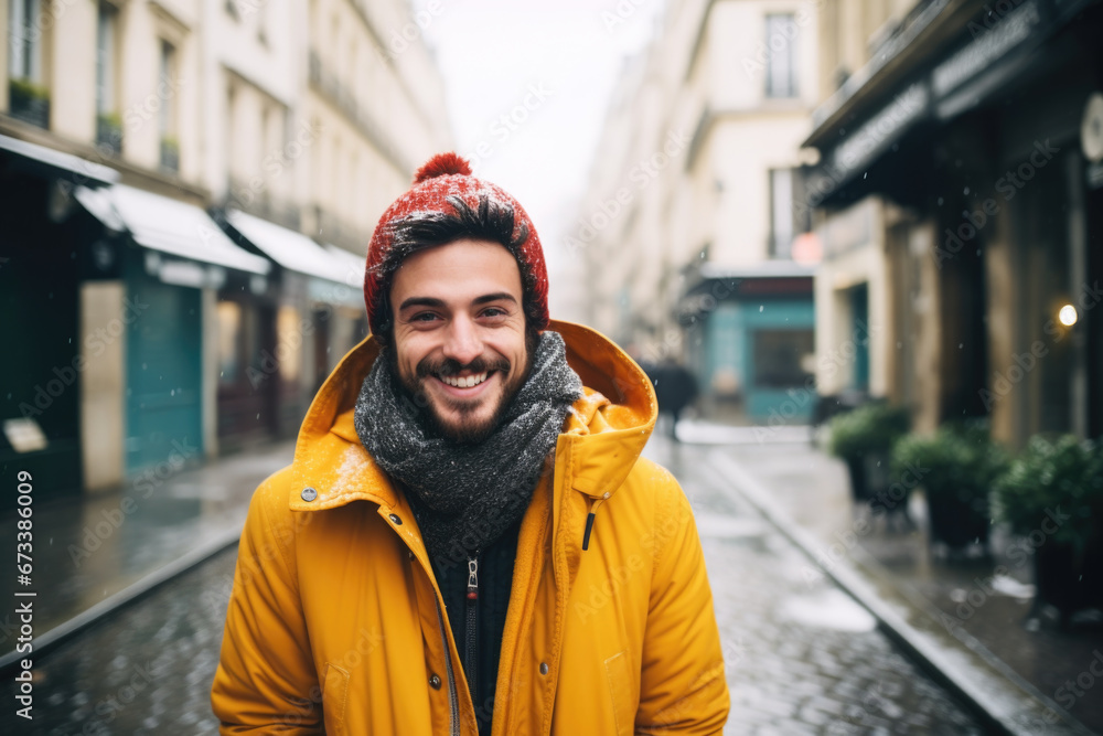 Portrait of young happy smiling man in winter clothes at street Christmas market in Paris. Real people Portrait of young happy smiling man in winter clothes at street Christmas market in Paris. Real people