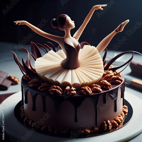 A delicate chocolate ballerina sculpture on a chocolate cake. Festive chocolate cake. Chocolatier handcrafting. Skilled master confectioner. Praline maker art. Dancing chocolate woman. Generative AI
