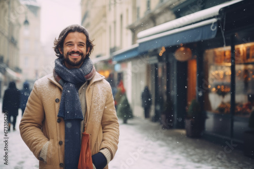 Portrait of young happy smiling man in winter clothes at street Christmas market in Paris. Real people