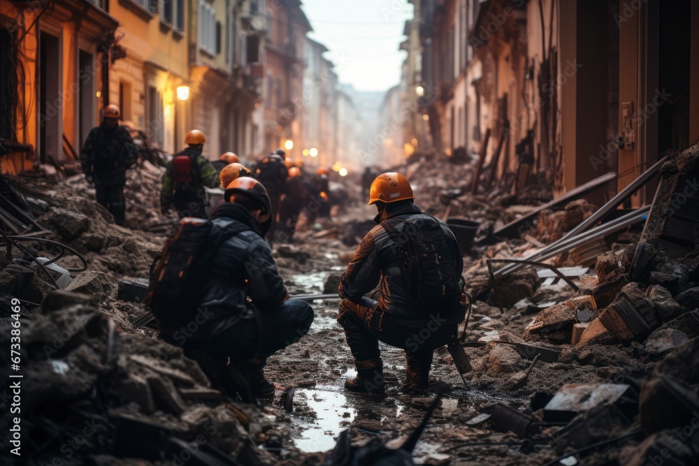 A rescue team searching for survivors in the midst of a city in ruins.