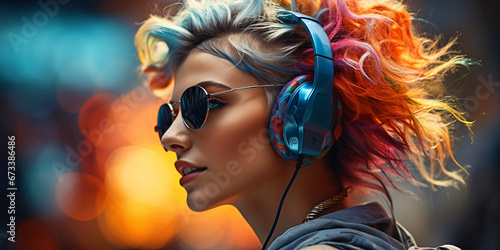 crazy woman with headphones and cool sunglasses