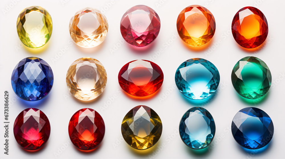 A multitude of natural gemstones are isolated on a bright backdrop. A multitude of natural gemstones are isolated on a bright backdrop.