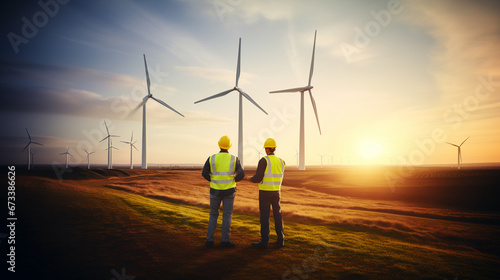Back view of two technician or engineer inspect or operate maintenance wind turbine electrical generator clean power sustainable energy environmental conservation technology concept.