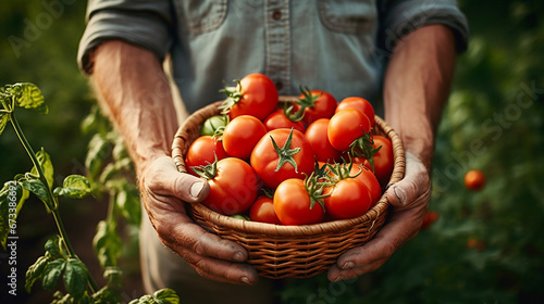 farmer's hands hold a basket of tomatoes. Tomatoes in a wicker basket close-up. Generative AI