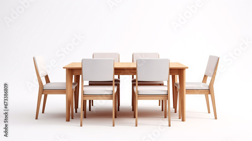 A white-backgrounded, wooden and fabric-covered dining table and chairs isoleted. © ckybe