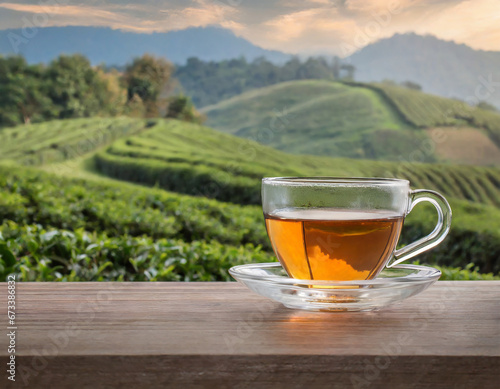 glass teacup on the wooden table and the background of tea plantations