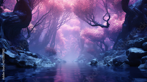 A magical world of twilit teal and mystical violet is conjured in this fantastical forest.