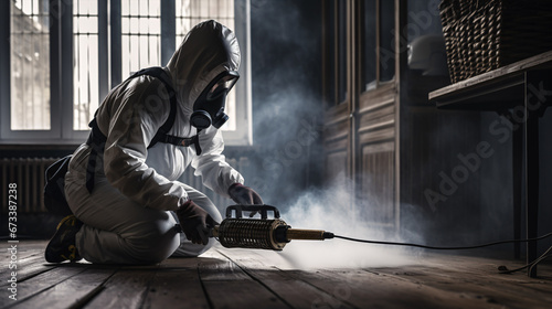 A pest control operative geared up and dispersing insecticide in the sleeping room. photo