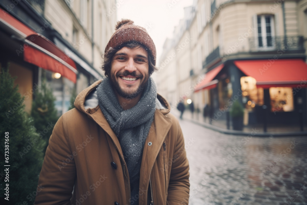 Portrait of young happy smiling man in winter clothes at street Christmas market in Paris. Real people Portrait of young happy smiling man in winter clothes at street Christmas market in Paris. Real people