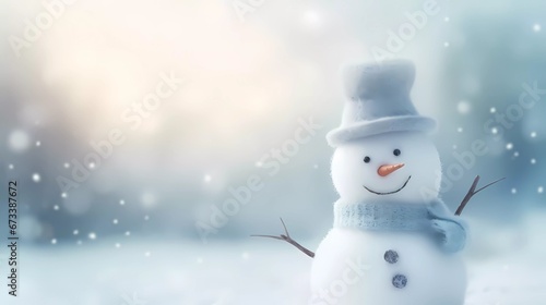 Chrismas decorations on a white snow. Cute Snowman on a blurred background with snowflakes.