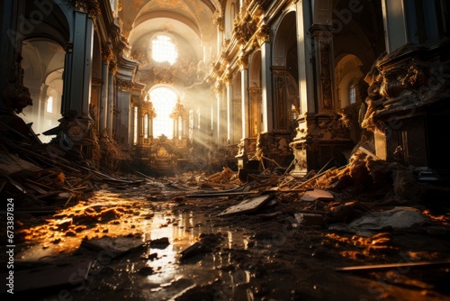A damaged cathedral with crumbling walls.
