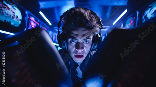 Close up face of young man gamer using computer playing game broadcasting online social media with colorful Led light decoration. E-sport technology content creator lifestyle concept. Generative AI