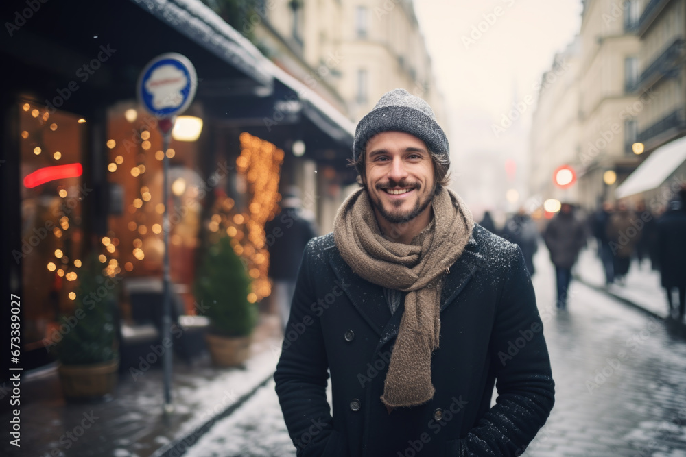 Portrait of young happy smiling man in winter clothes at street Christmas market in Paris. Real people Portrait of young happy smiling man in winter clothes at street Christmas market in Paris. Real people