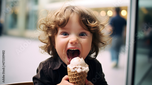 Excited Child Eating Ice Cream Cone in a Mall