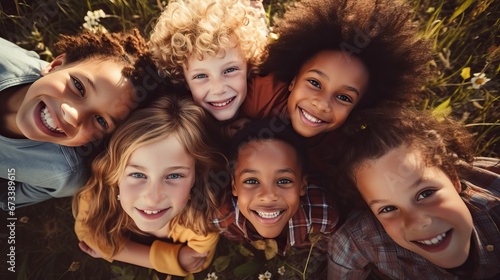 Directly above portrait of children lying on field in yard