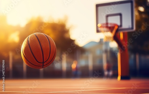 Below, basketball and net with sky in summer for shooting, scoring and points to win game. Hoop, rim and ball in closeup at basketball court for sports, competition or workout at playground, outdoor