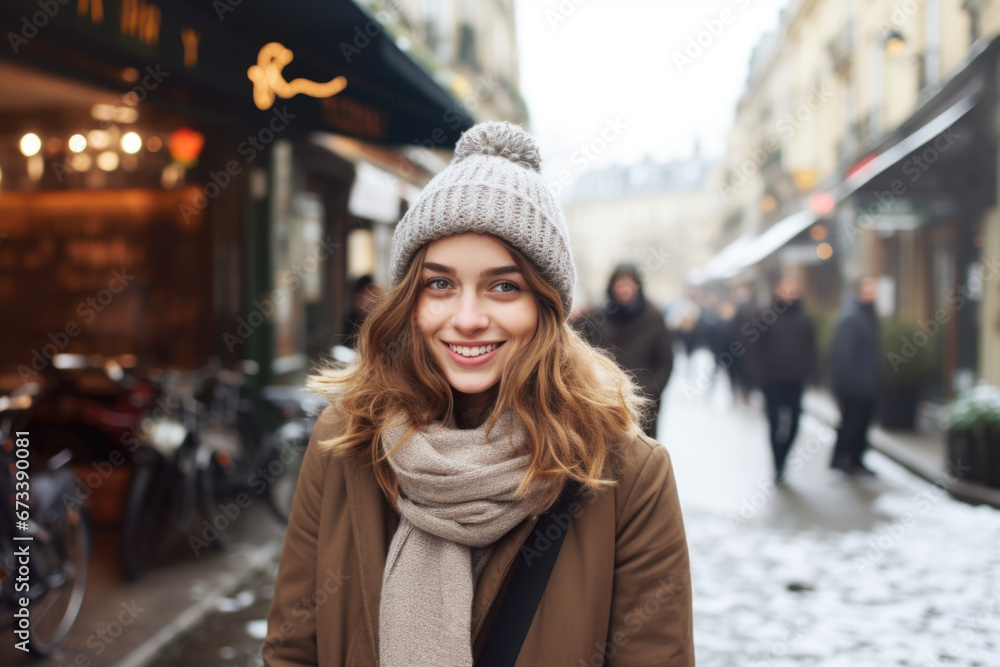 Portrait of beautiful young happy woman in winter clothes at street Christmas market in Paris. Real people Portrait of beautiful young happy woman in winter clothes at street Christmas market in Paris. Real people