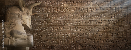 Ancient cuneiform Sumerian text and bull statue, a mythical Assyrian deity. Historical background on the theme of civilizations of Assyria, Mesopotamia, Babylon, interfluve, Sumerian.