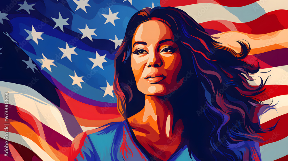 Naklejka premium Patriotic Female Portrait with American Flag Background