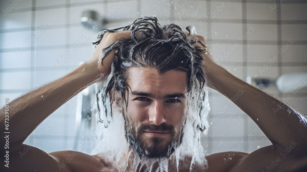 Man Washing Hair in Shower with Water Running Down Face Man Washing Hair in Shower with Water Running Down Face