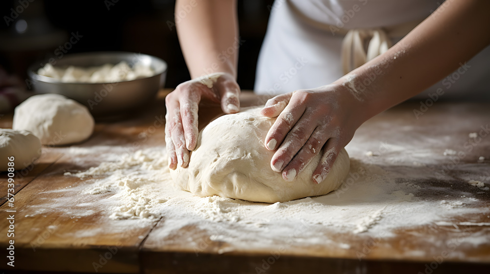 Hands Kneading Bread Dough on Wooden Kitchen Counter