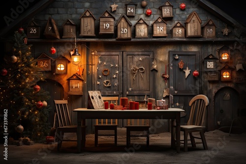 Advent calendar wooden in the form of a houses on a brick wall at home, children's fun care waiting for the holiday gold
