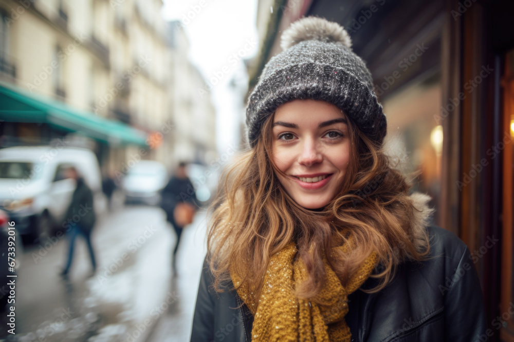Portrait of beautiful young happy woman in winter clothes at street Christmas market in Paris. Real people Portrait of beautiful young happy woman in winter clothes at street Christmas market in Paris. Real people