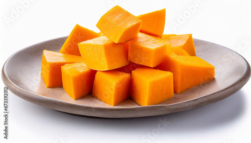 Diced Pumpkin isolated in white background. Pumpkin slices cut out, closeup..