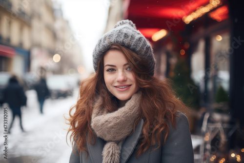 Portrait of beautiful young happy woman in winter clothes at street Christmas market in Paris. Real people © Jasmina