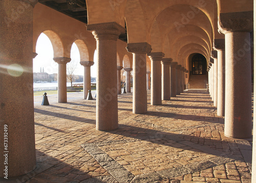 Photography view of stone pillars to the building