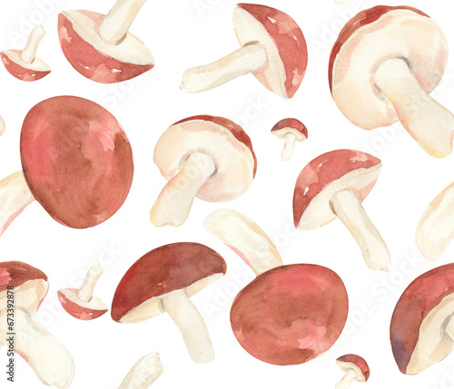 Watercolor mushrooms pattern. Nature design with fungus. Autumn illustration. Floral design for textile, nursery, wrapping paper, kids, greetings, backgrounds, textile, decor, package, fabrics.