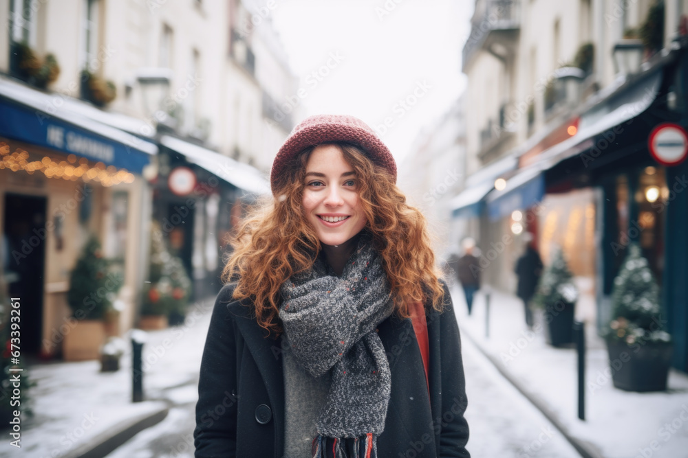 Portrait of beautiful young happy woman in winter clothes at street Christmas market in Paris. Real people Portrait of beautiful young happy woman in winter clothes at street Christmas market in Paris. Real people