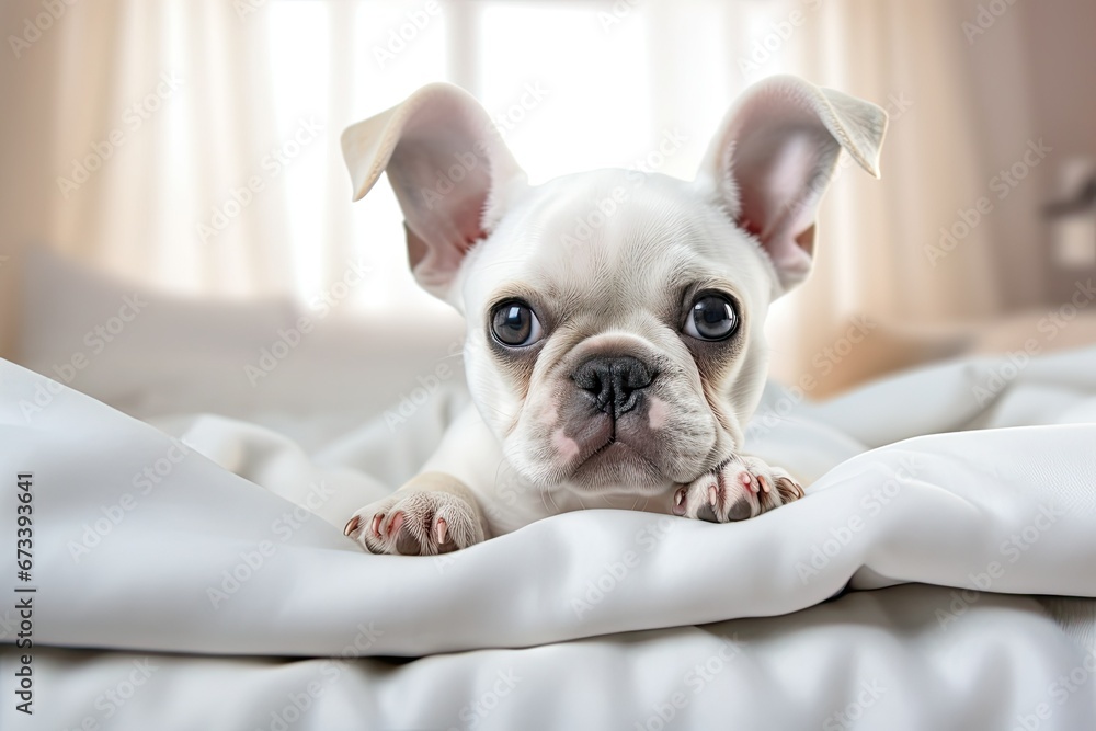 cute dog french bulldog lies on the bed on a blanket, looks at the camera, puppy on the blanket in the morning cute dog french bulldog lies on the bed on a blanket, looks at the camera, puppy on the blanket in the morning
