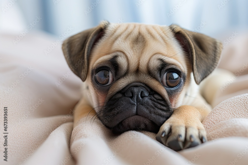 Cute pug breed dog lies on a blanket on a white bed in the bedroom smiling with a funny face and feeling happy after waking up in the morning, Healthy Clean Dog Concept