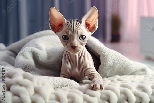 A cute kitten of the bald Sphynx breed with big ears is wrapped in a blanket and sits on a white soft blanket. . Comfortable pets sleep in a cozy home. © Olena