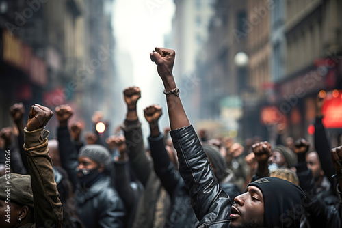 Crowd of african american people fighting for freedom on a protest against racial discrimination